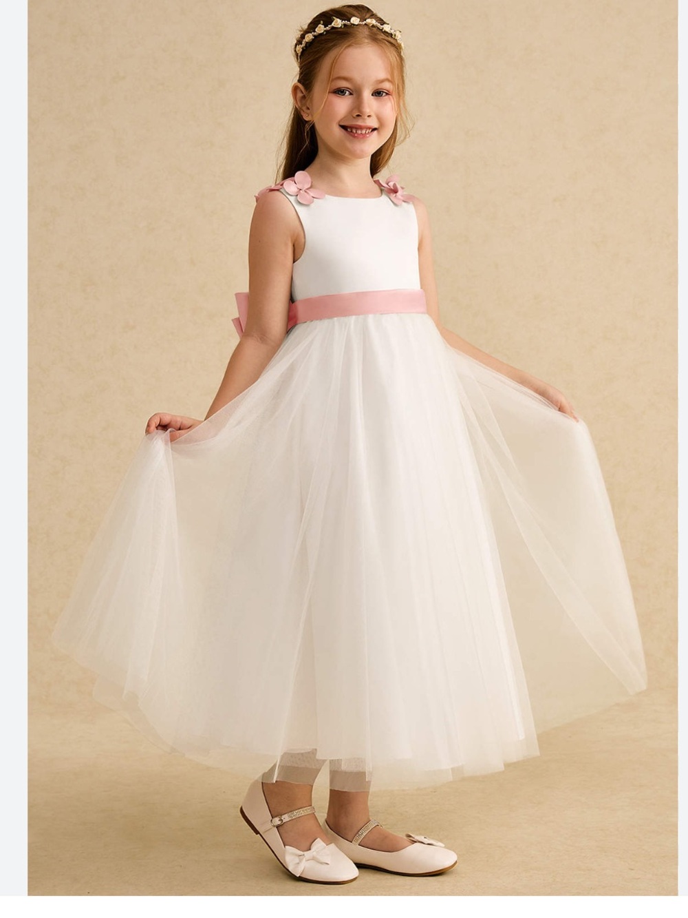 Alfred Angelo White Pink Tulle Flower Girl Dress with Pink Sash